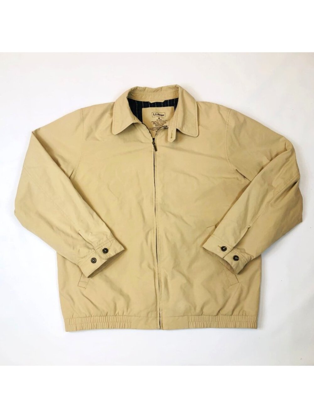 LL Bean Mens Harrington Beige Zip Bomber Jacket Plaid Lined Golf Jacket Medium